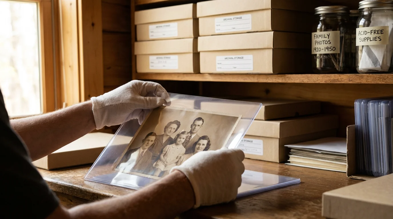 Hands placing a vintage photo into an archival protective sleeve for long-term storage.