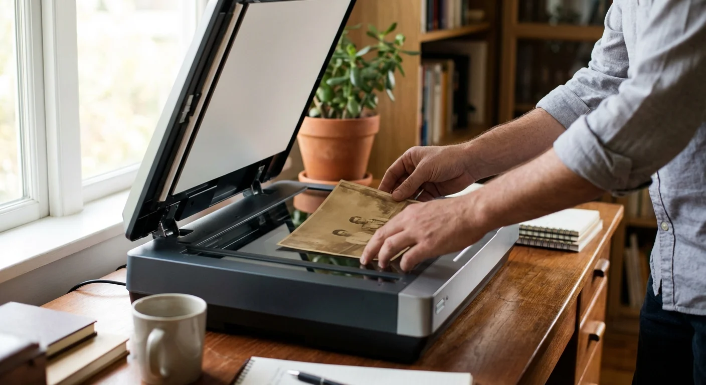 Hands placing a vintage photo onto a flatbed scanner in a sunlit office.