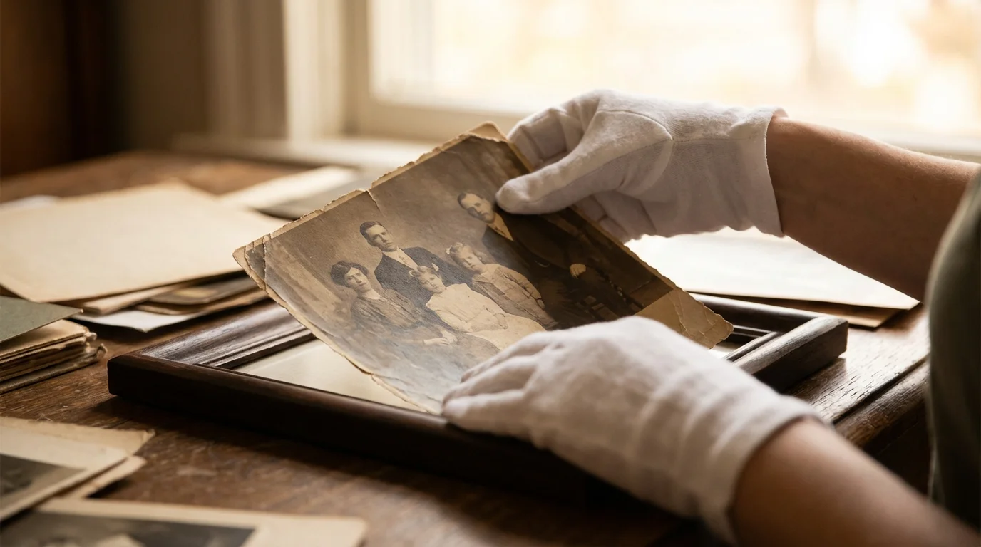 Hands placing a vintage photograph into a protective frame.