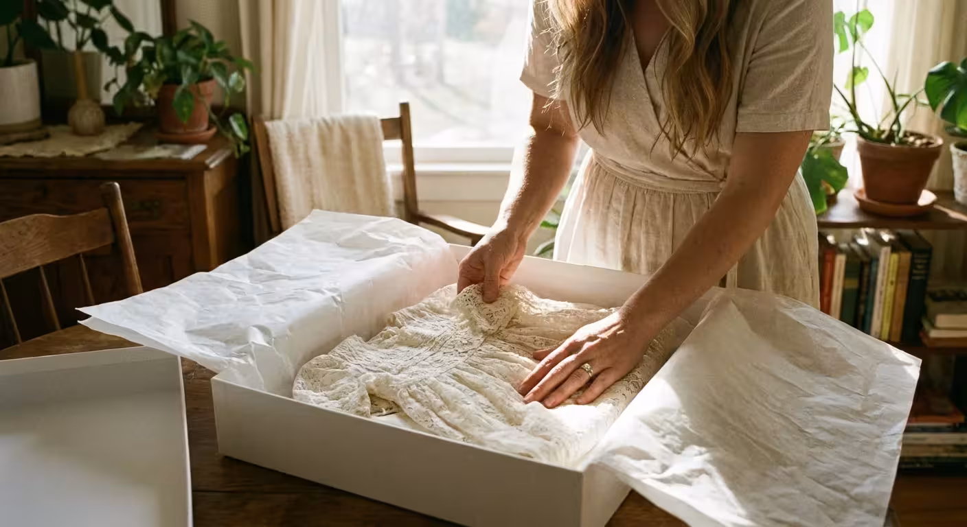 Hands placing a vintage textile into an archival storage box with tissue paper.