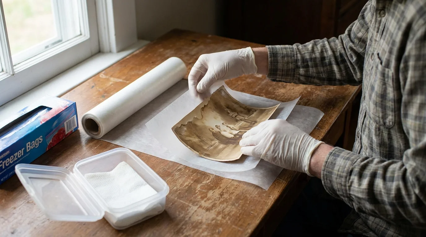 Hands placing a wet photo into a freezer bag for stabilization.