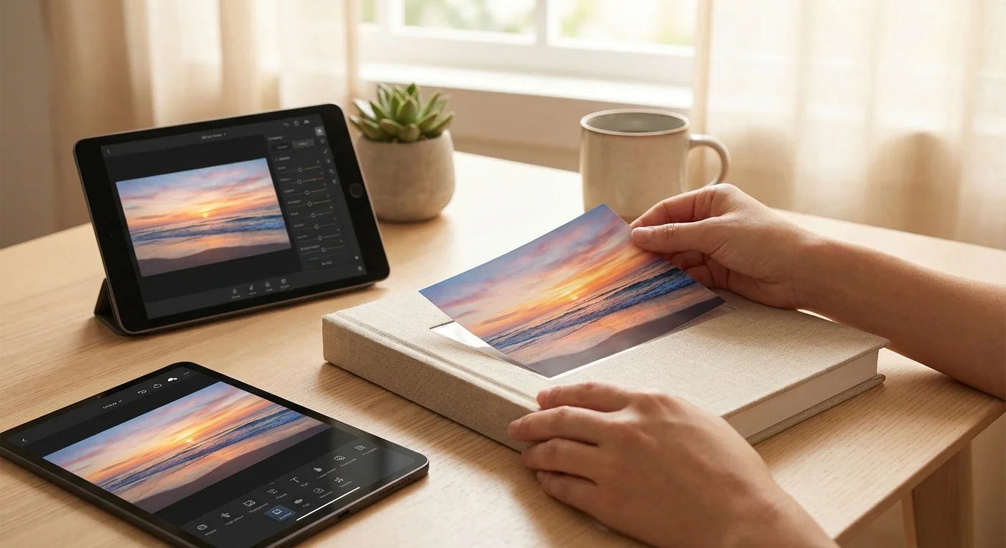 Hands placing an edited photo into a physical album, symbolizing the preservation of family memories.