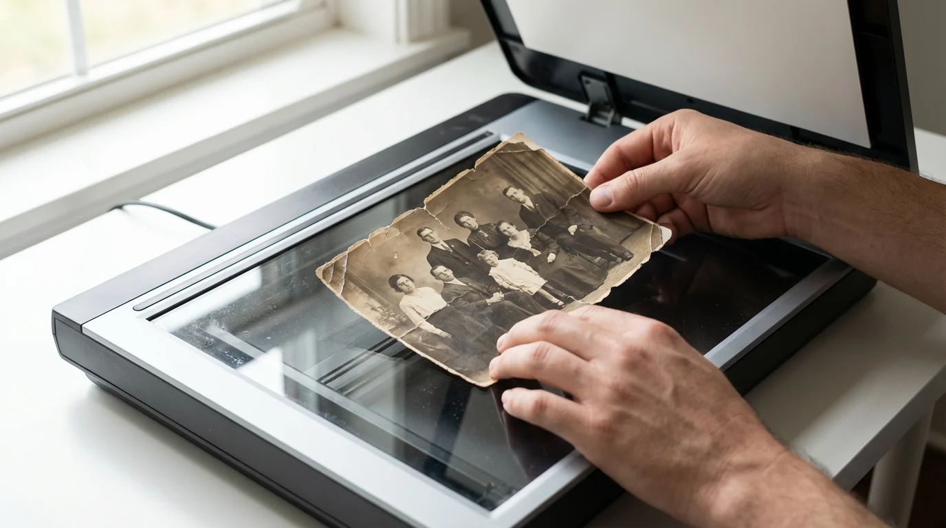 Hands placing an old black-and-white photo onto a flatbed scanner for digitization.