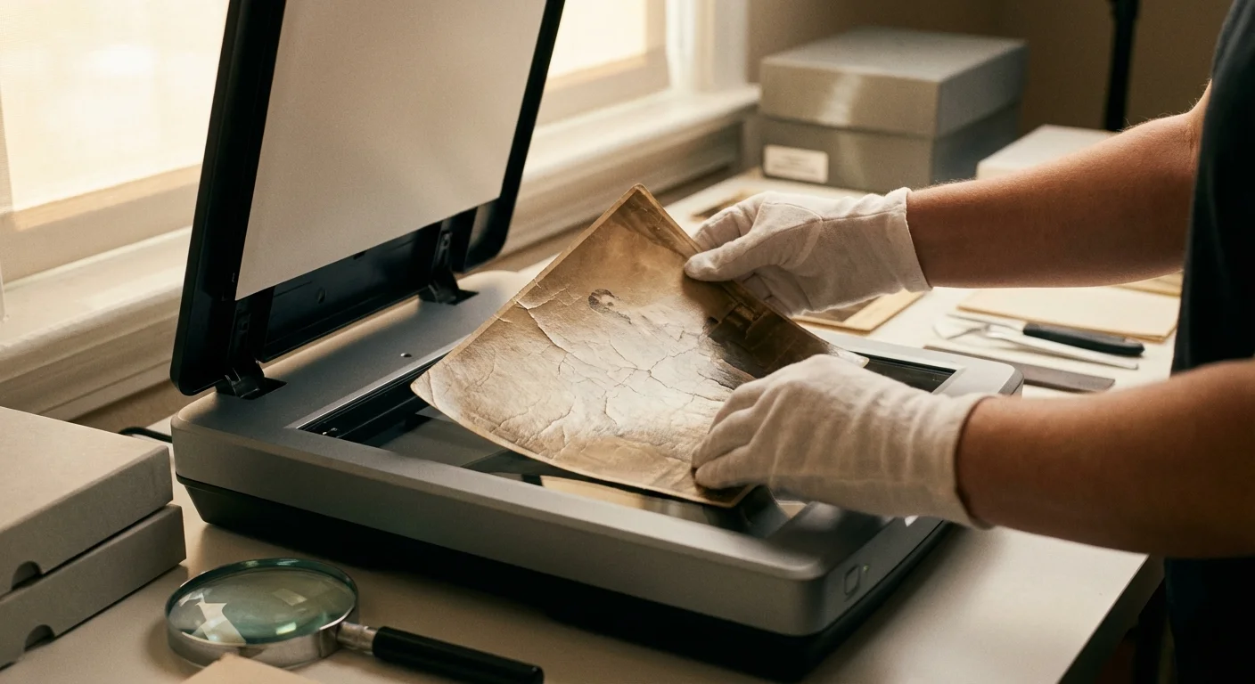 Hands placing an old family photograph on a scanner for digitization.