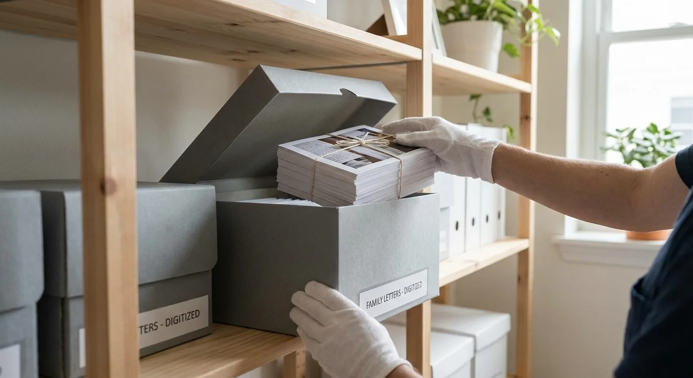 Hands placing old letters into a professional acid-free archival box for long-term storage.