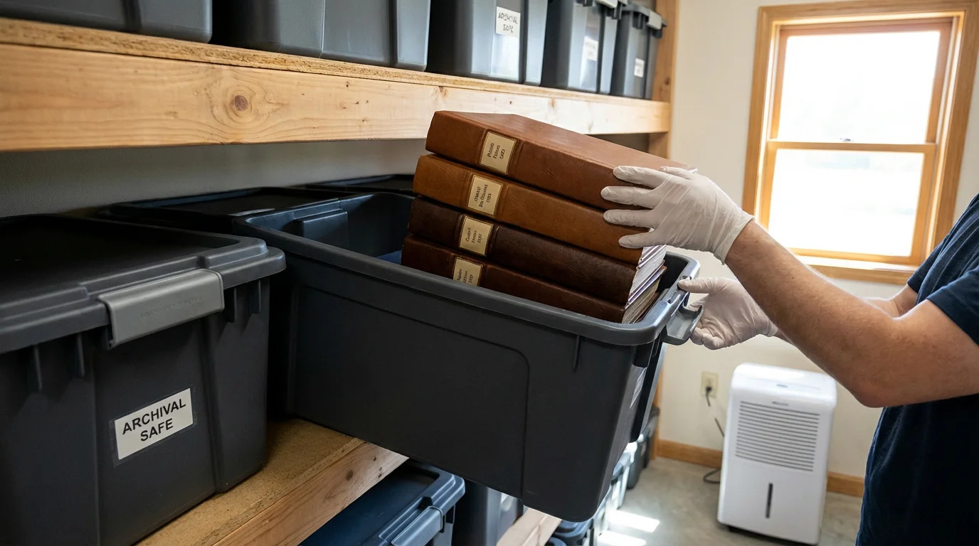 Hands placing photo albums into a waterproof archival box on a high shelf.