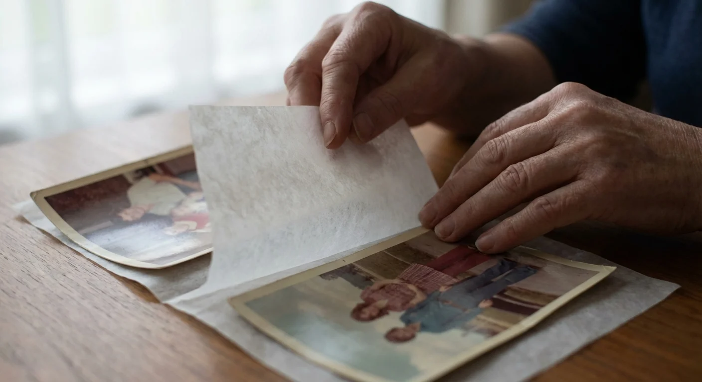 Hands placing thin translucent tissue paper between two old color photographs.