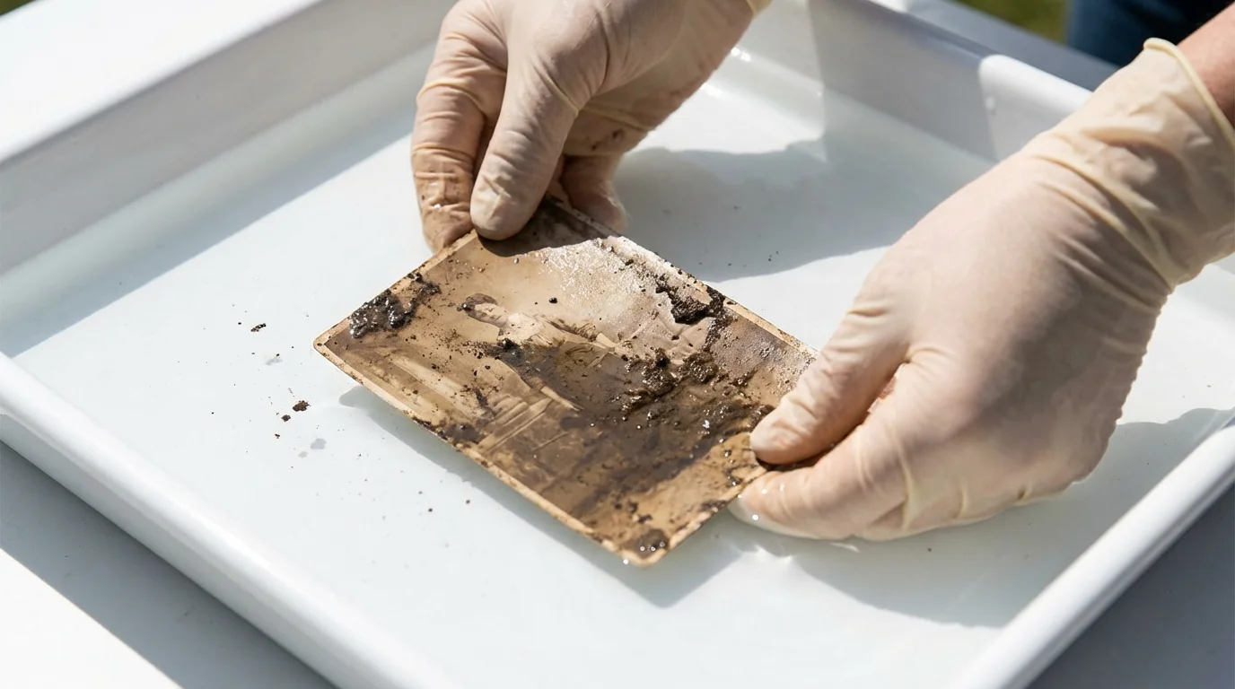 Hands rinsing a dirty photograph in a clean tray of water.