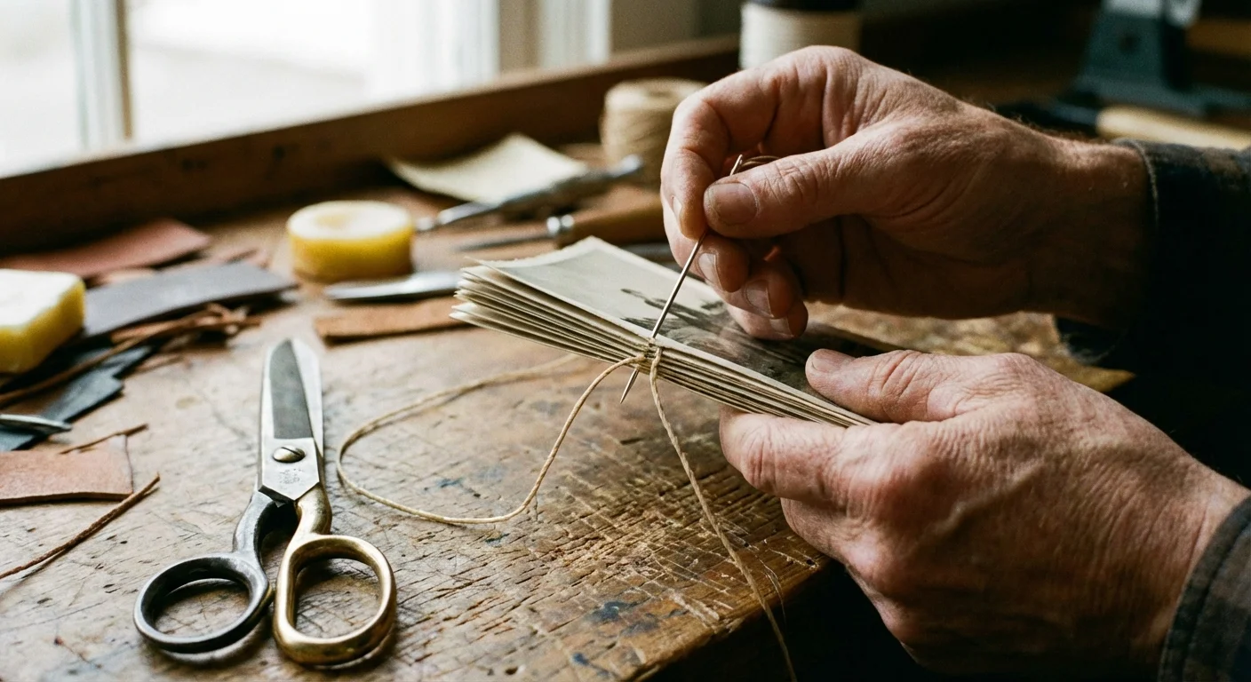 Hands sewing a photo zine together using a needle and thread for manual binding.
