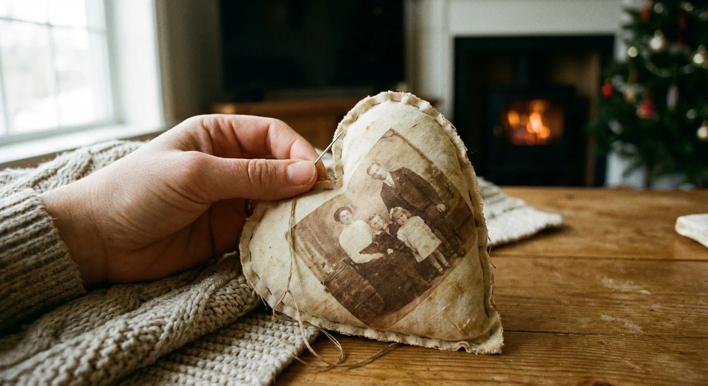 Hands sewing a soft fabric ornament that features a printed family photograph.