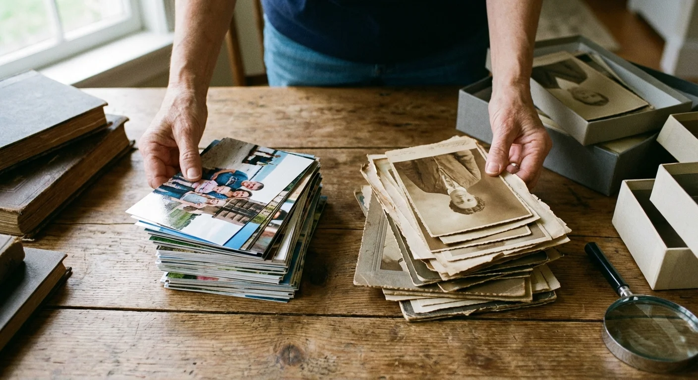 Hands sorting a variety of old and new photographs into categories for scanning.