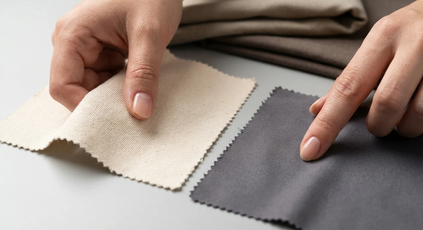 Hands touching different fabric swatches for photo printing.