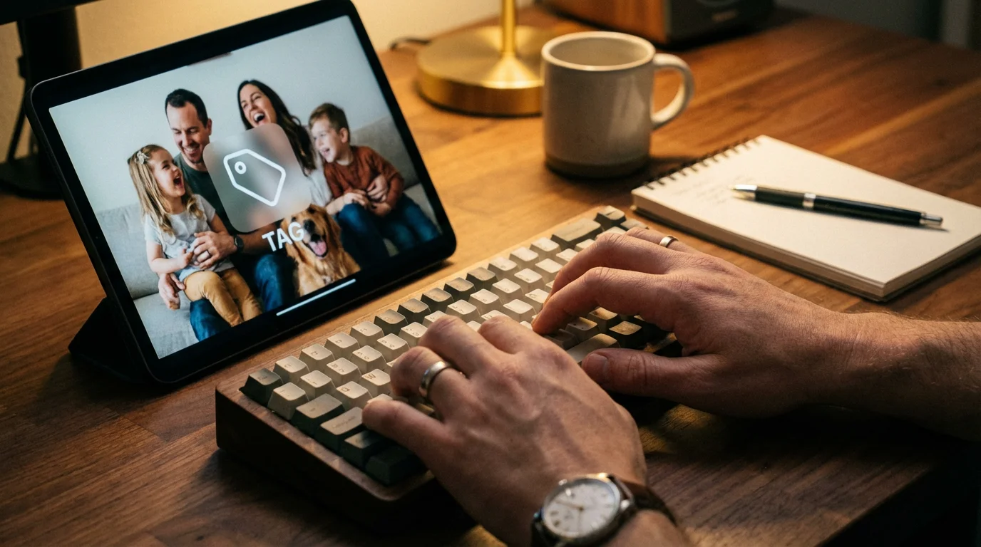 Hands typing on a keyboard next to a tablet showing photo metadata tags.