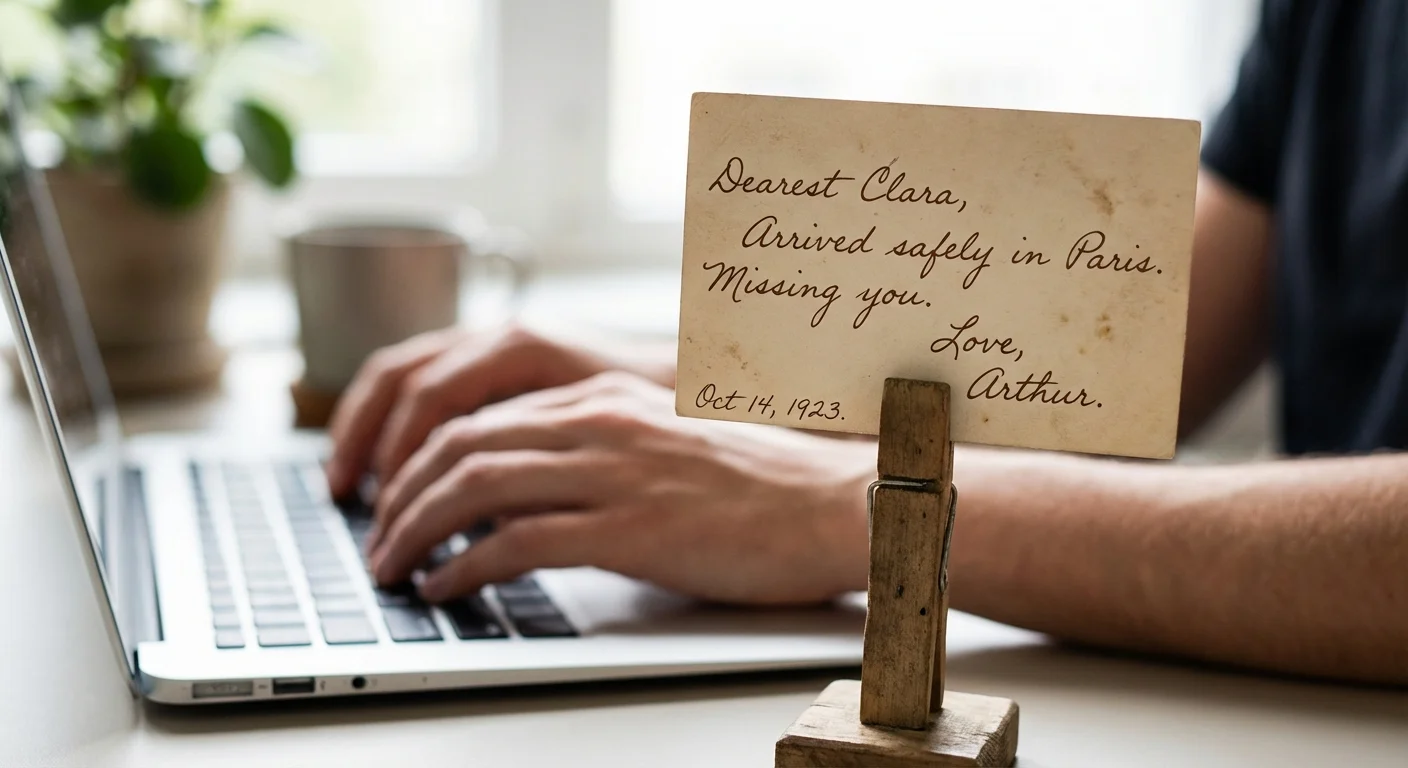 Hands typing on a keyboard with a vintage handwritten postcard nearby, representing the transcription process.