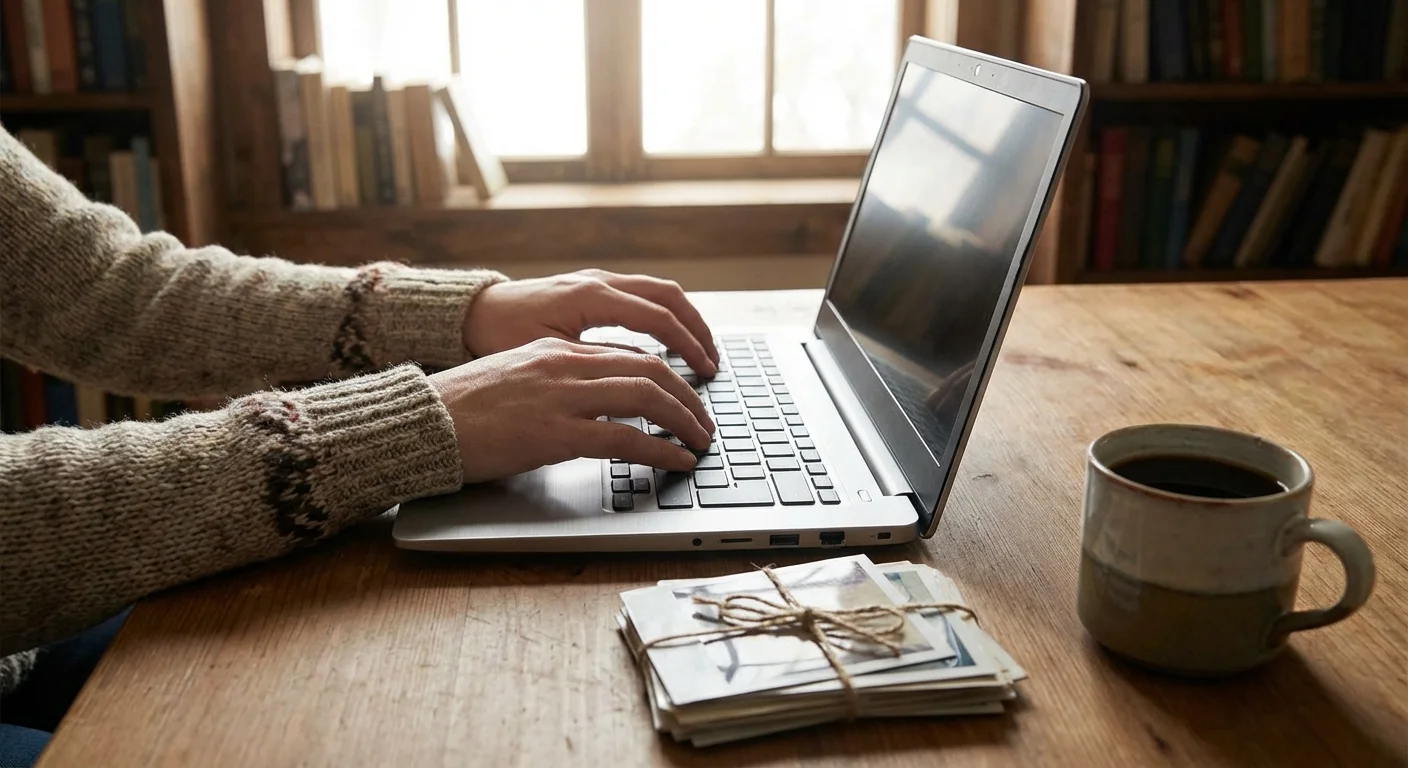 Hands typing on a laptop keyboard next to a stack of old Polaroid photos.