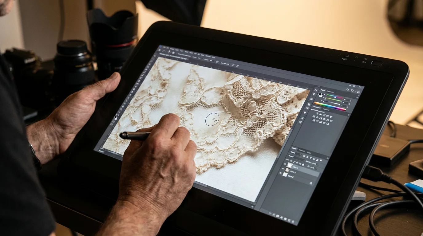 Hands using a graphics tablet to repair intricate details on a digital version of an old photograph.