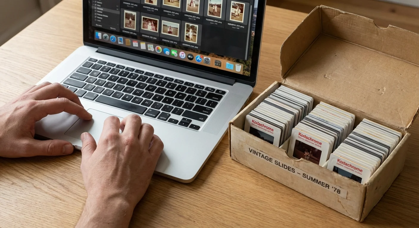 Hands using a laptop next to a box of vintage 35mm photo slides.