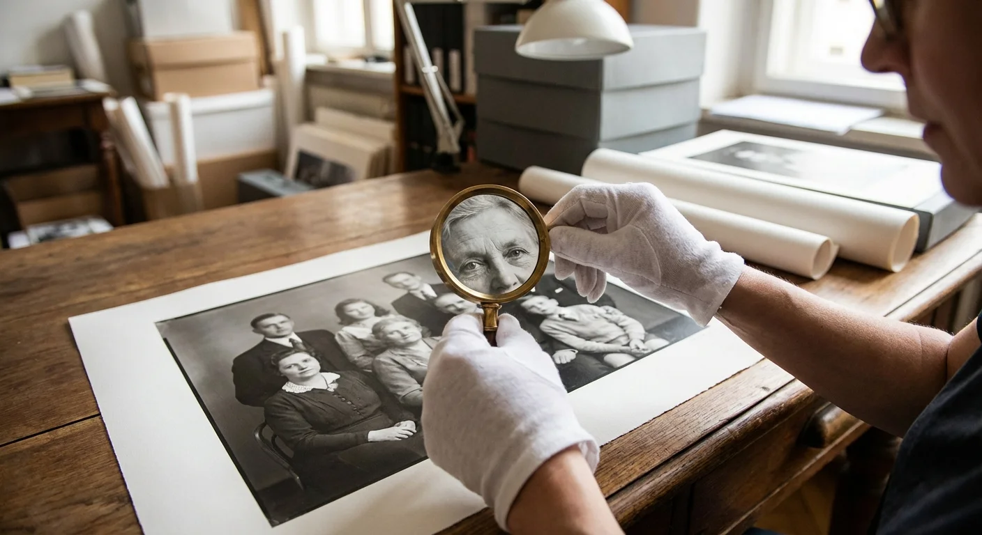 Hands using a magnifying glass to inspect the fine details of a large printed photograph.