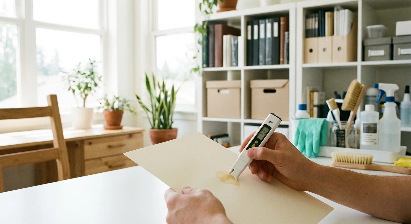 Hands using a pH testing pen on archival paper in a bright workspace.