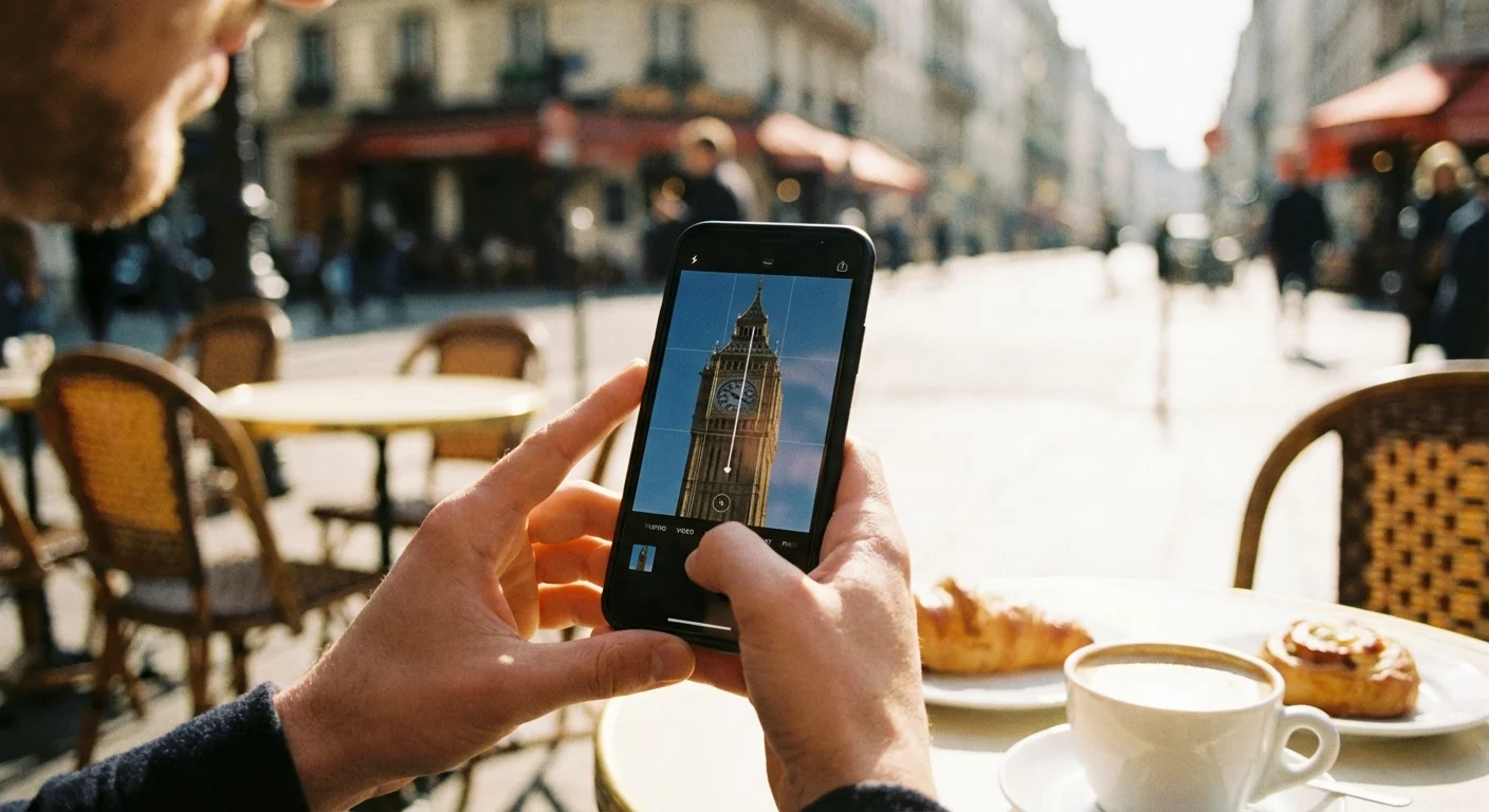 Hands using a smartphone app to fix the perspective of a clock tower photo.