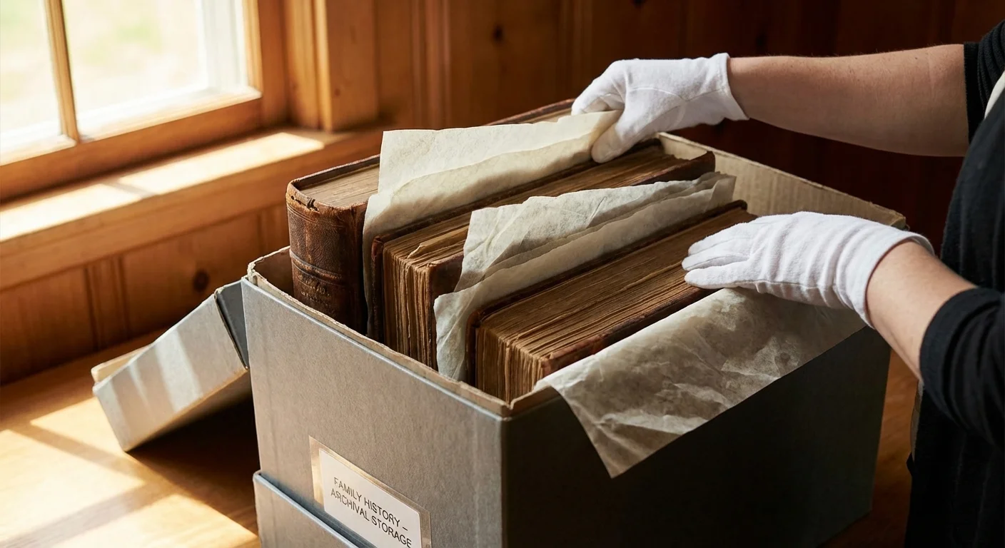 Heirloom photo albums stacked vertically in a sturdy box with protective tissue paper padding.