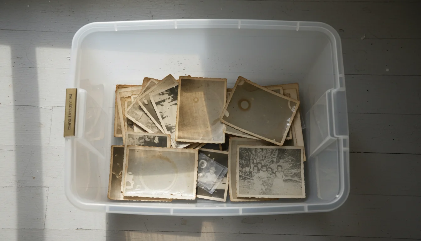 High-angle view of an open clear plastic storage bin with slight condensation, containing a few faded and discolored vintage family photos, showing moisture damage.