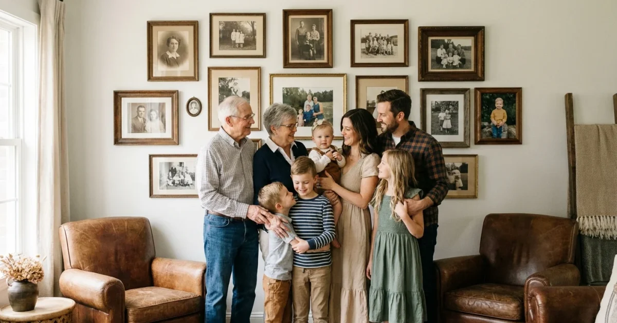 A family looking at a large wall display of framed ancestor photos in a sunlit living room.