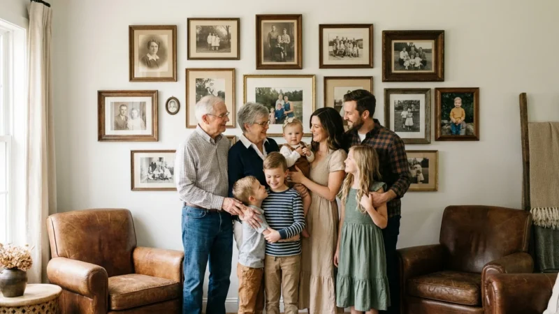 A family looking at a large wall display of framed ancestor photos in a sunlit living room.