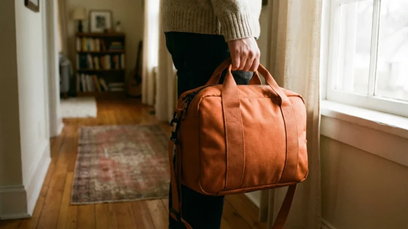 A person holding a waterproof orange emergency bag in a home hallway, symbolizing disaster preparedness.