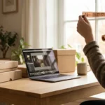 A person holding a square 126 film negative strip toward window light in a clean home office.