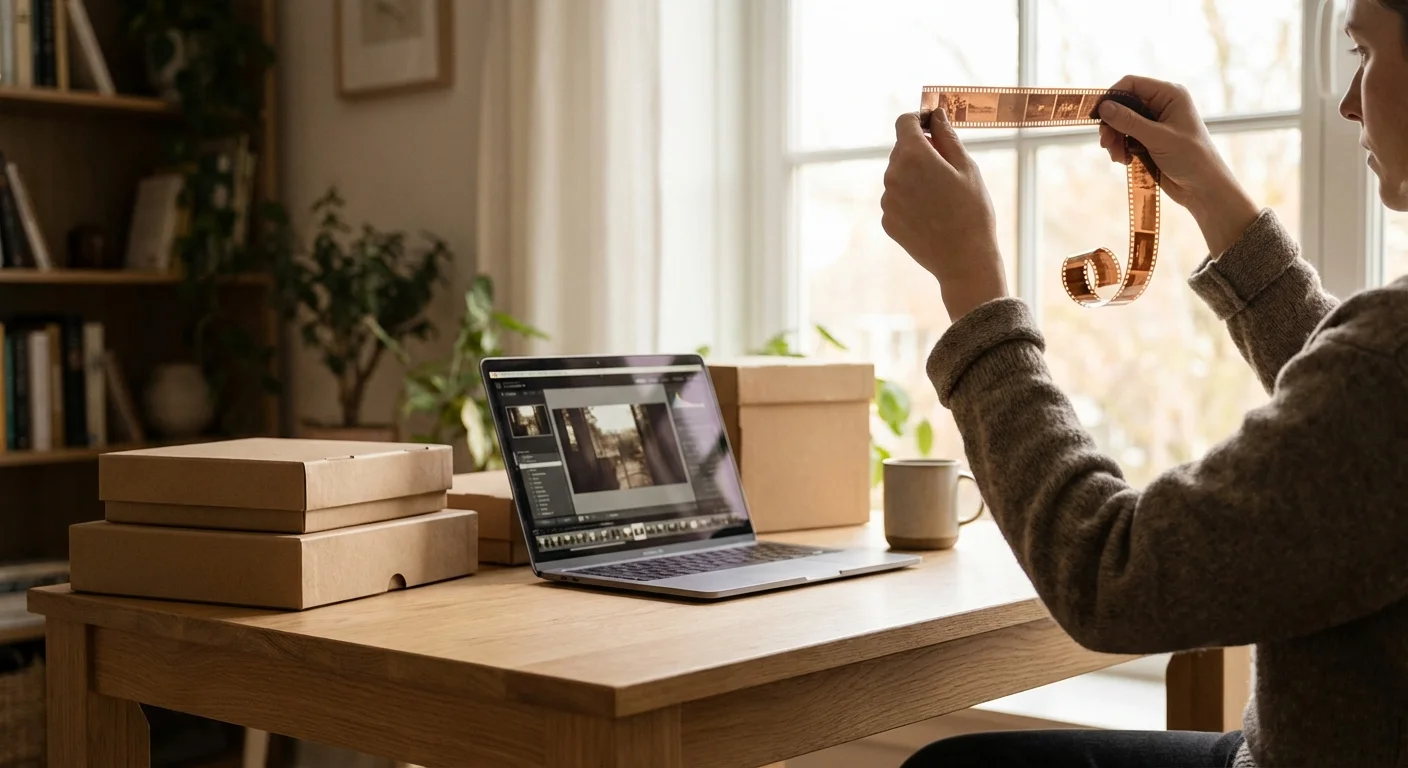 A person holding a square 126 film negative strip toward window light in a clean home office.