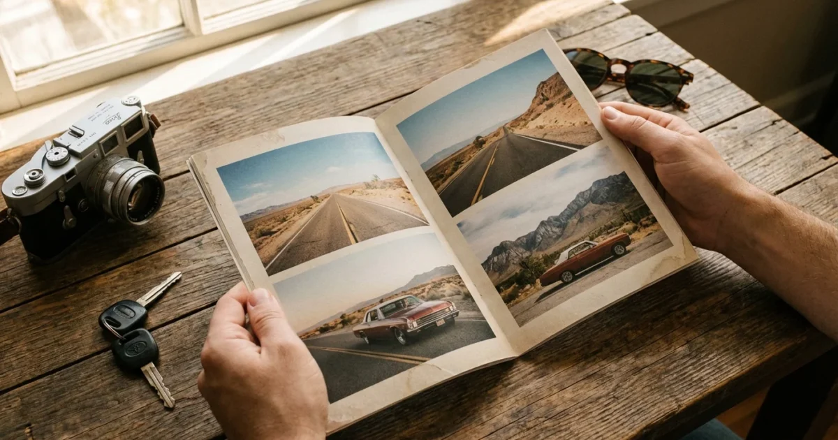 Hands holding a custom road trip photo zine on a wooden table with a vintage camera.