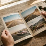 Hands holding a custom road trip photo zine on a wooden table with a vintage camera.