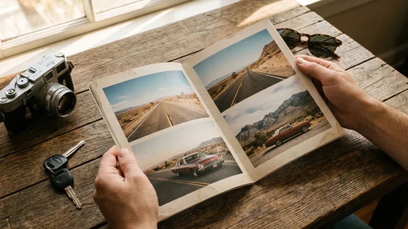 Hands holding a custom road trip photo zine on a wooden table with a vintage camera.
