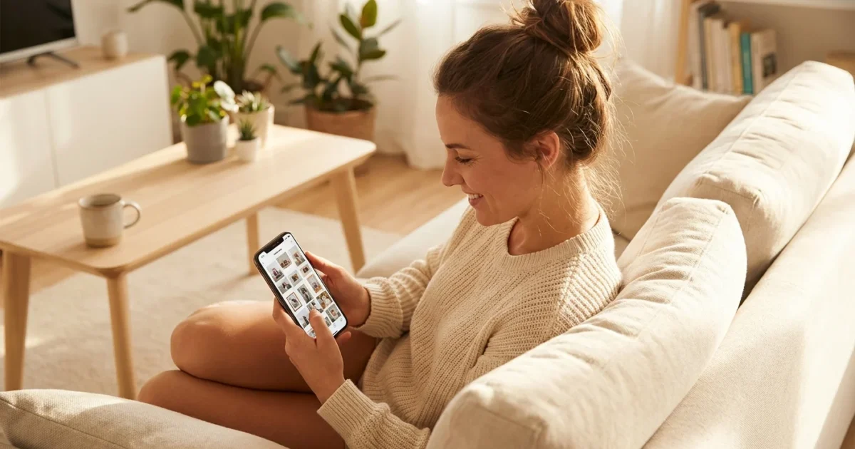 A woman happily scrolling through an organized photo gallery on her smartphone in a bright living room.