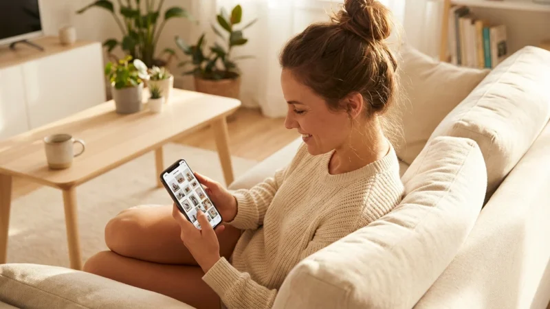 A woman happily scrolling through an organized photo gallery on her smartphone in a bright living room.