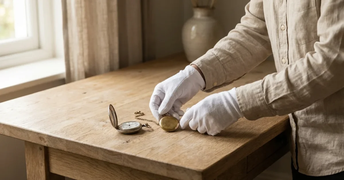 Close-up of gloved hands arranging vintage jewelry on a wooden table for archival photography.