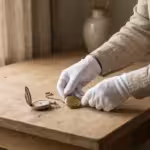 Close-up of gloved hands arranging vintage jewelry on a wooden table for archival photography.