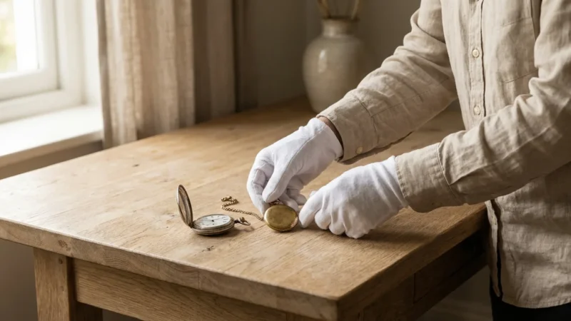 Close-up of gloved hands arranging vintage jewelry on a wooden table for archival photography.