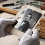 White-gloved hands holding an antique black and white photo with visible silvering sheen.
