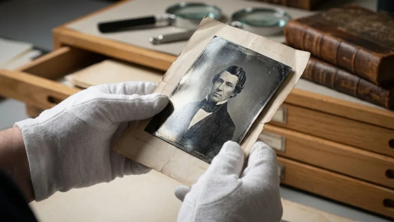 White-gloved hands holding an antique black and white photo with visible silvering sheen.