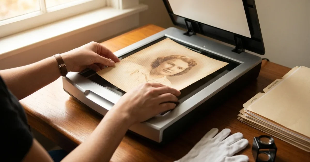 A person placing a vintage silk-textured photograph onto a flatbed scanner on a wooden desk.