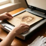A person placing a vintage silk-textured photograph onto a flatbed scanner on a wooden desk.