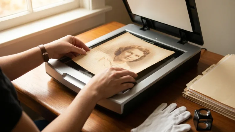A person placing a vintage silk-textured photograph onto a flatbed scanner on a wooden desk.
