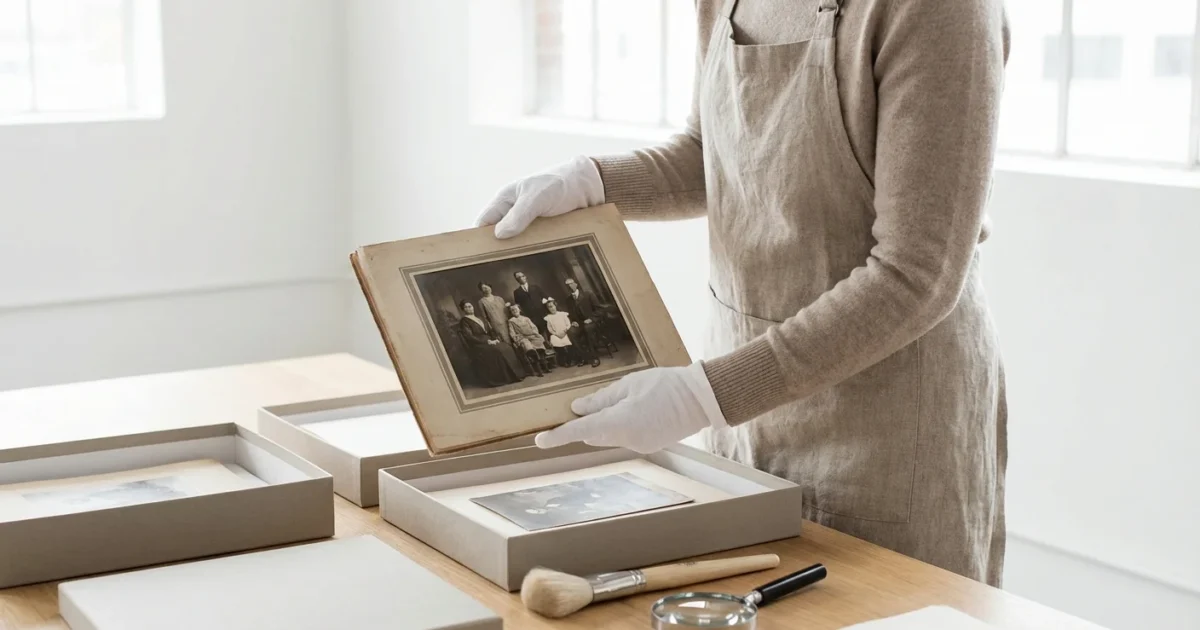 A person in white gloves holding a vintage photograph in a clean, bright room.