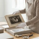 A person in white gloves holding a vintage photograph in a clean, bright room.