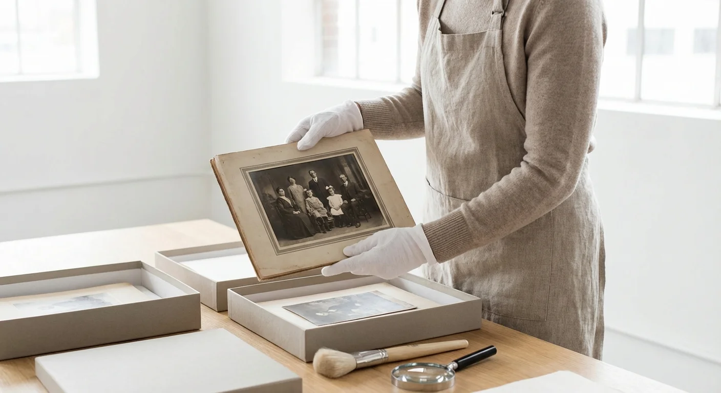 A person in white gloves holding a vintage photograph in a clean, bright room.