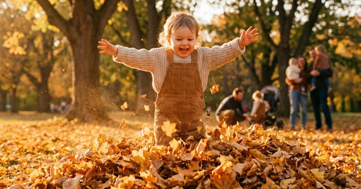 A toddler caught mid-air jumping into autumn leaves during golden hour.
