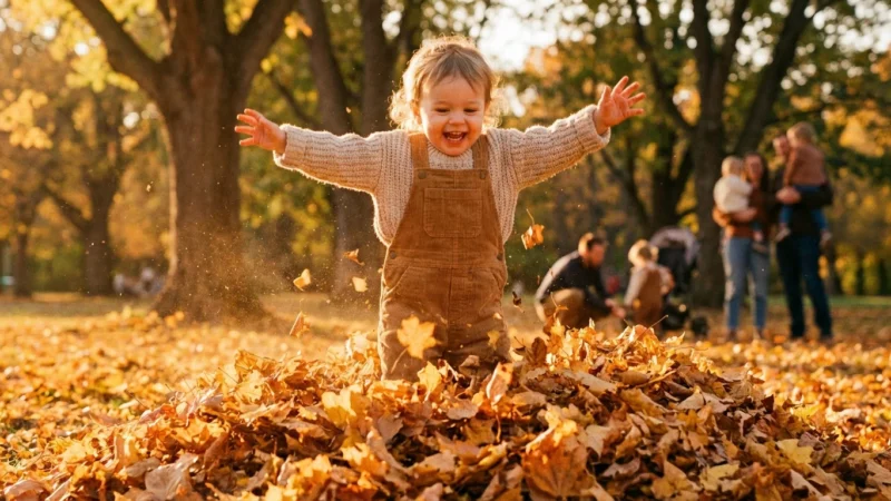 A toddler caught mid-air jumping into autumn leaves during golden hour.