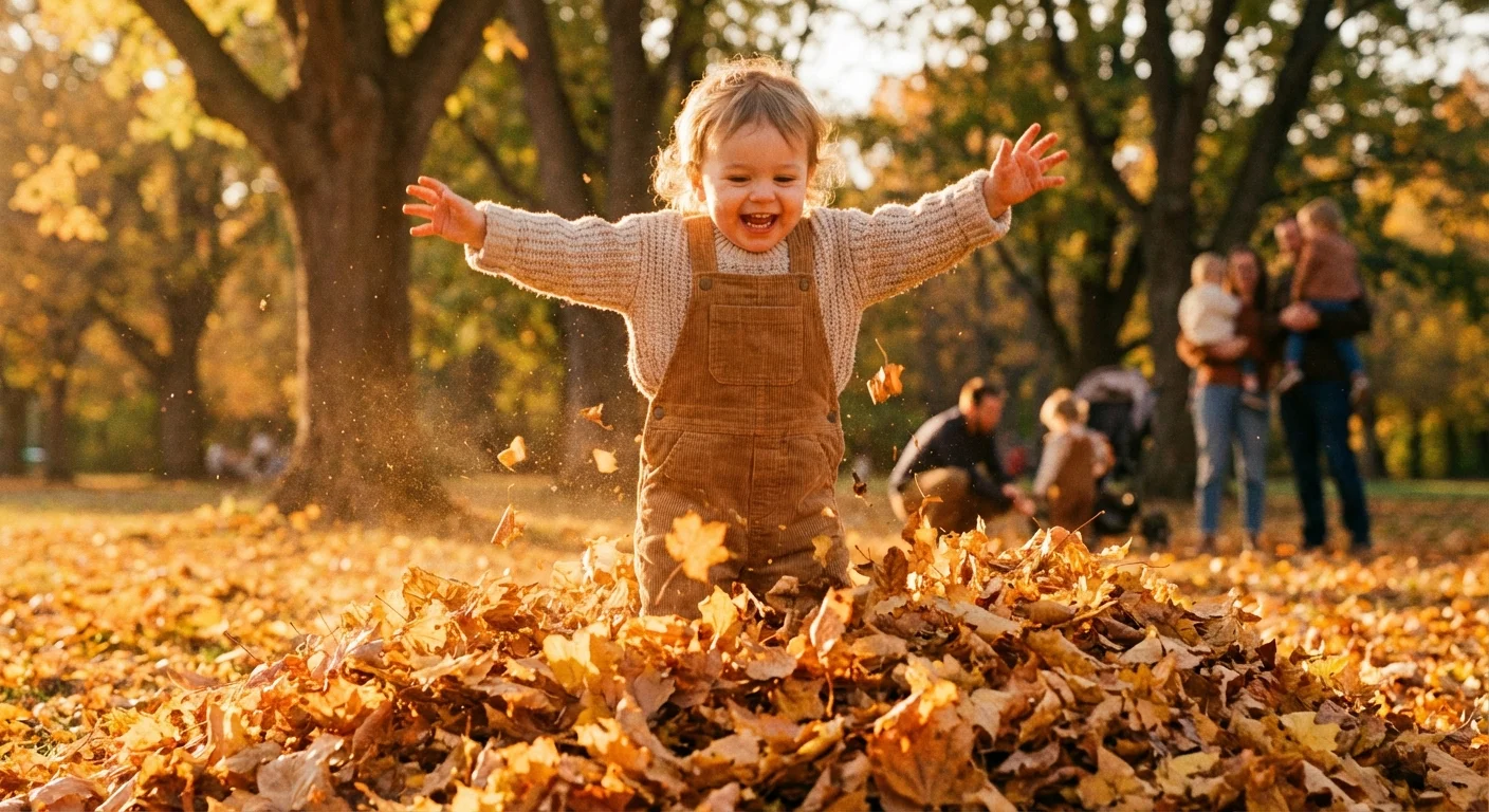 A toddler caught mid-air jumping into autumn leaves during golden hour.
